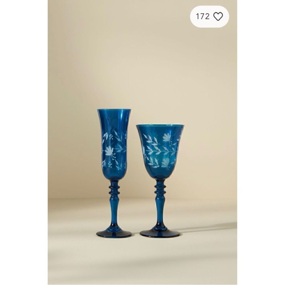 NEW Anthropologie Sofia Hand-Carved Ornate Blue Wine Soda Glass Gift Set of 4 - Picture 3 of 3
